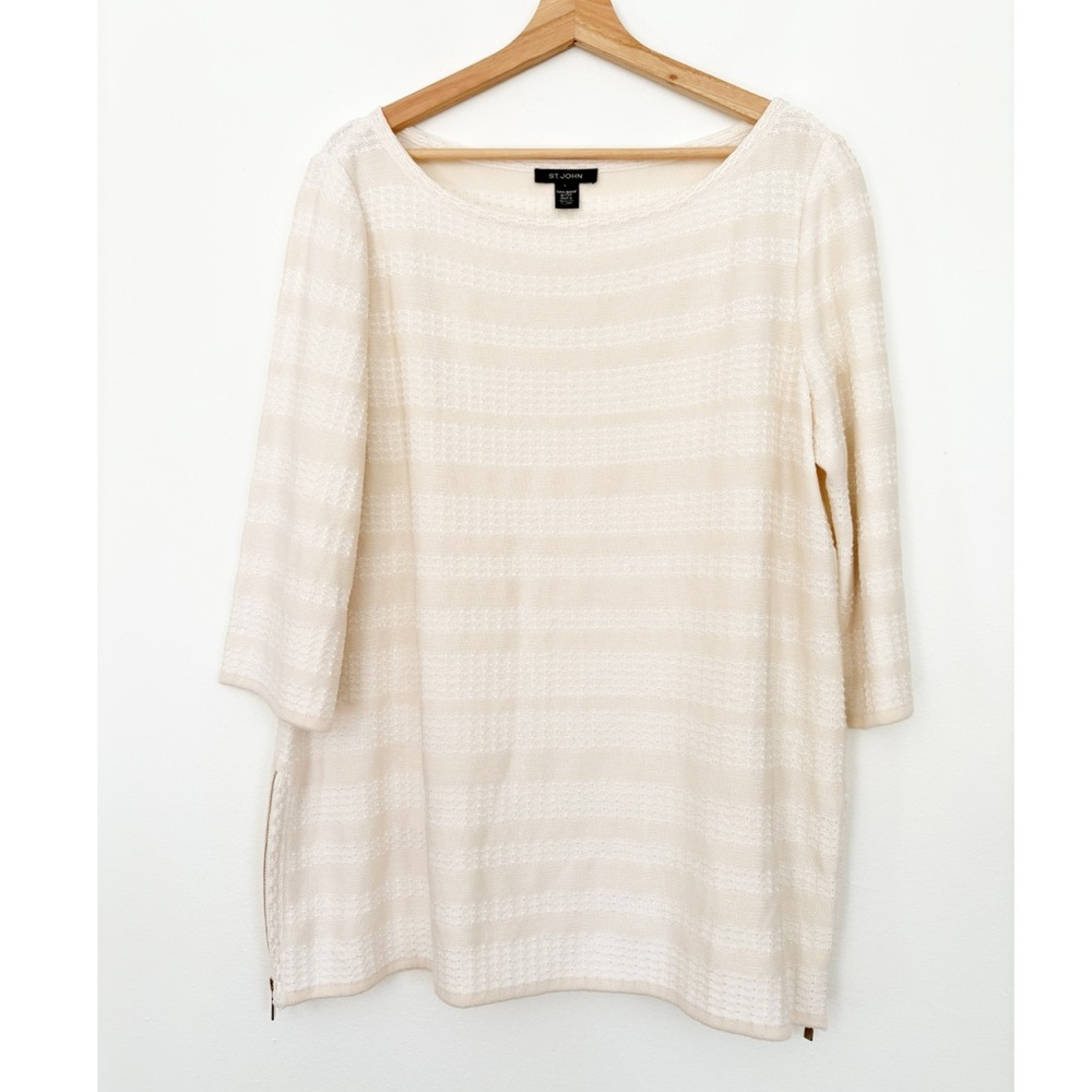 St. John || Zip Detail Striped Knit Tunic Top Cream Ivory Large